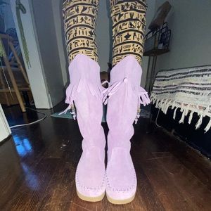 Boho Lilac Fringe Suede Moccasin Mid-calf Boots